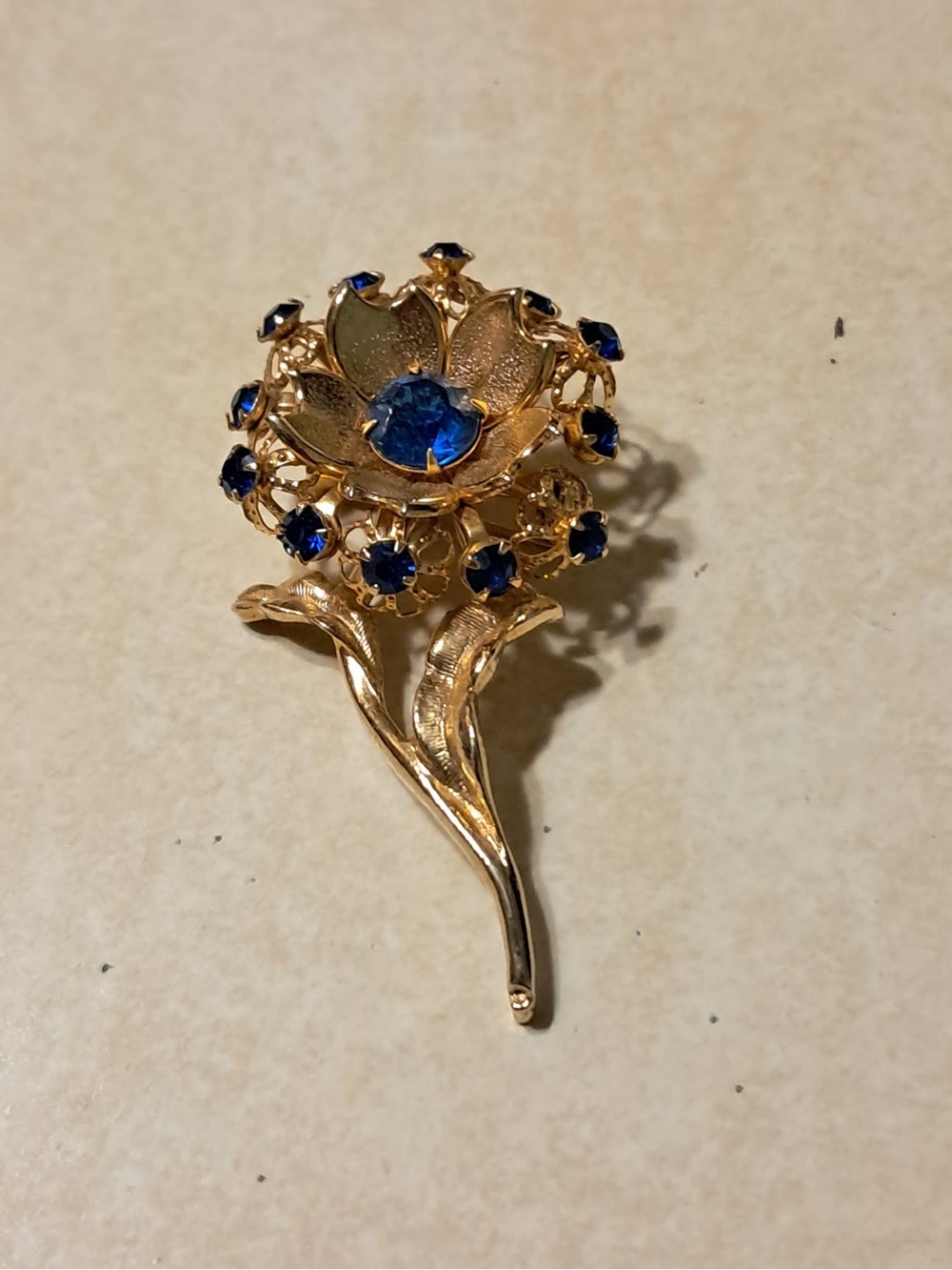 Vintage Gold-Tone Blue Crystal Floral Brooch - Women Jewelry